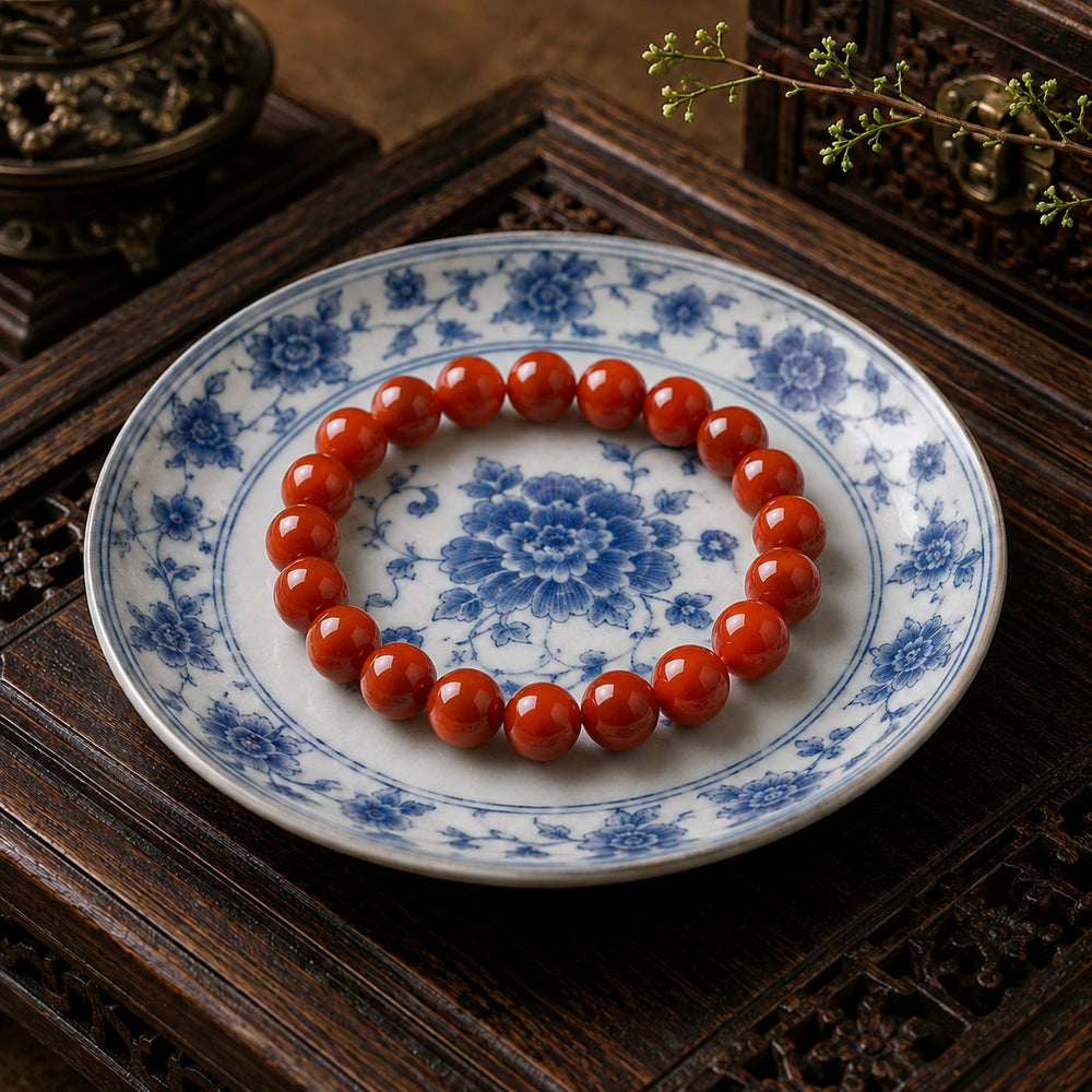 Red Agate bracelet resting on blue and white porcelain