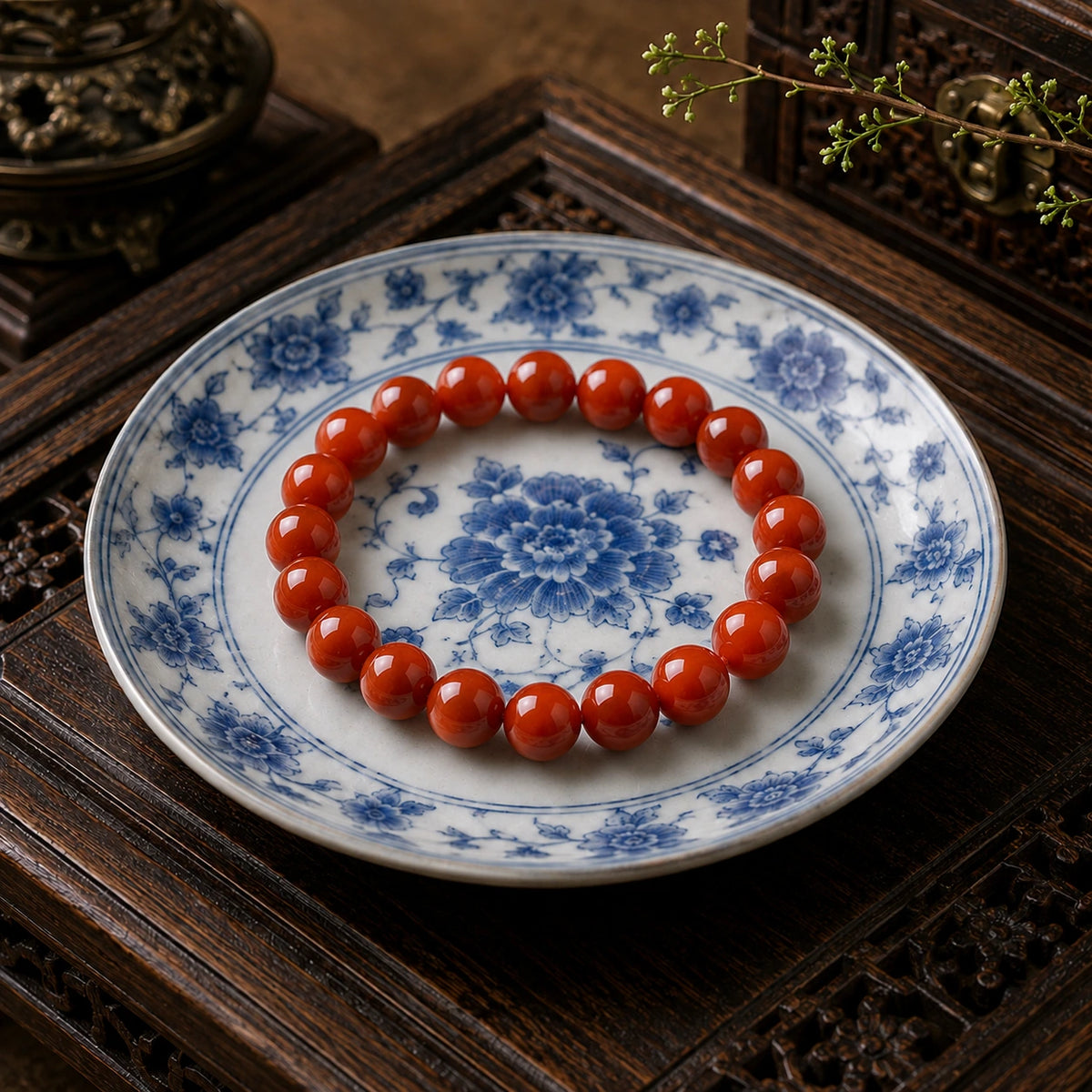 Red Agate bracelet resting on blue and white porcelain