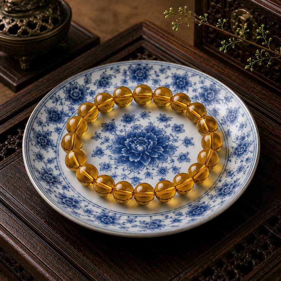 Citrine bracelet resting on blue and white porcelain