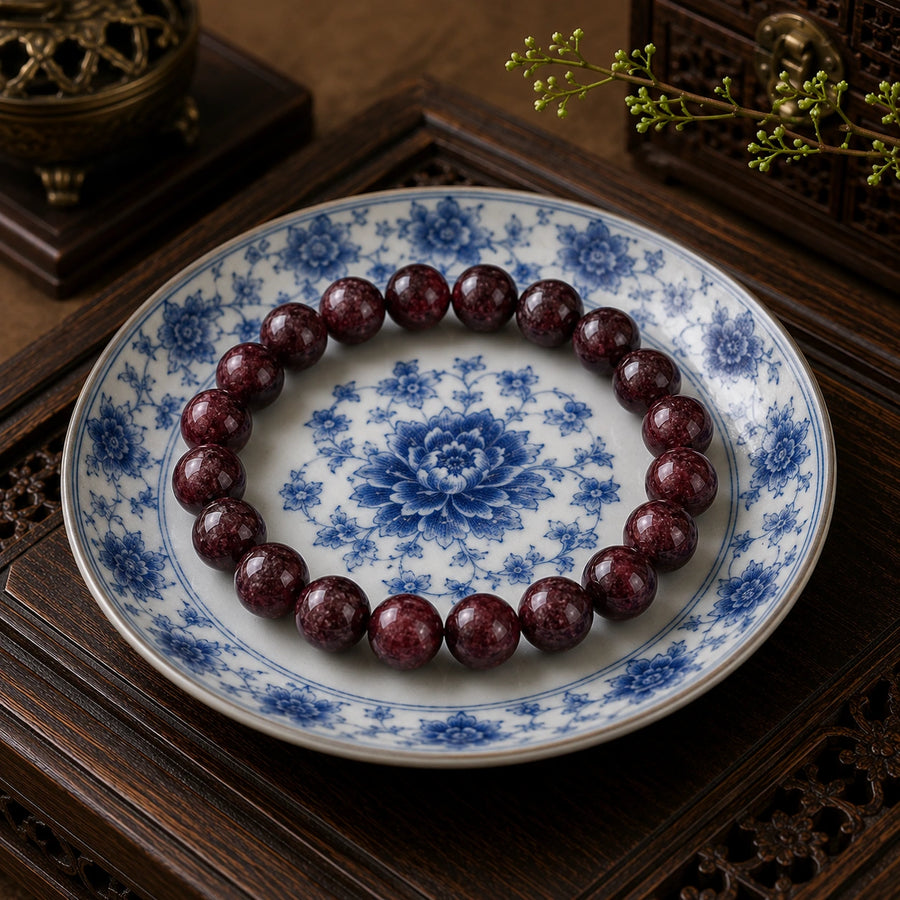 Garnet bracelet resting on blue and white porcelain