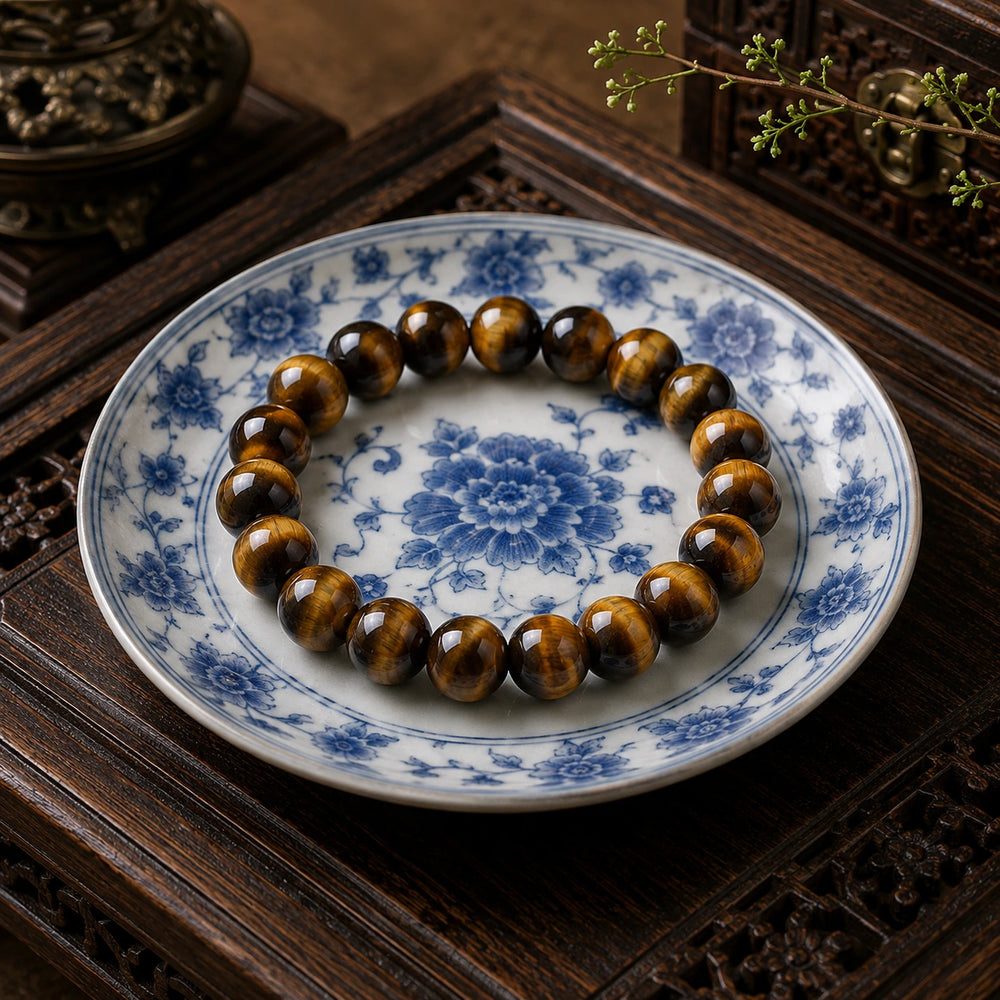 Tiger’s Eye bracelet resting on blue and white porcelain