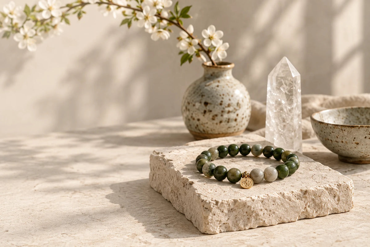 Quartz crystal and green stone bracelet in a warm ceramic still life