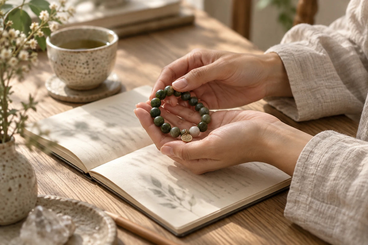 Hands holding a green stone bracelet above an open journal