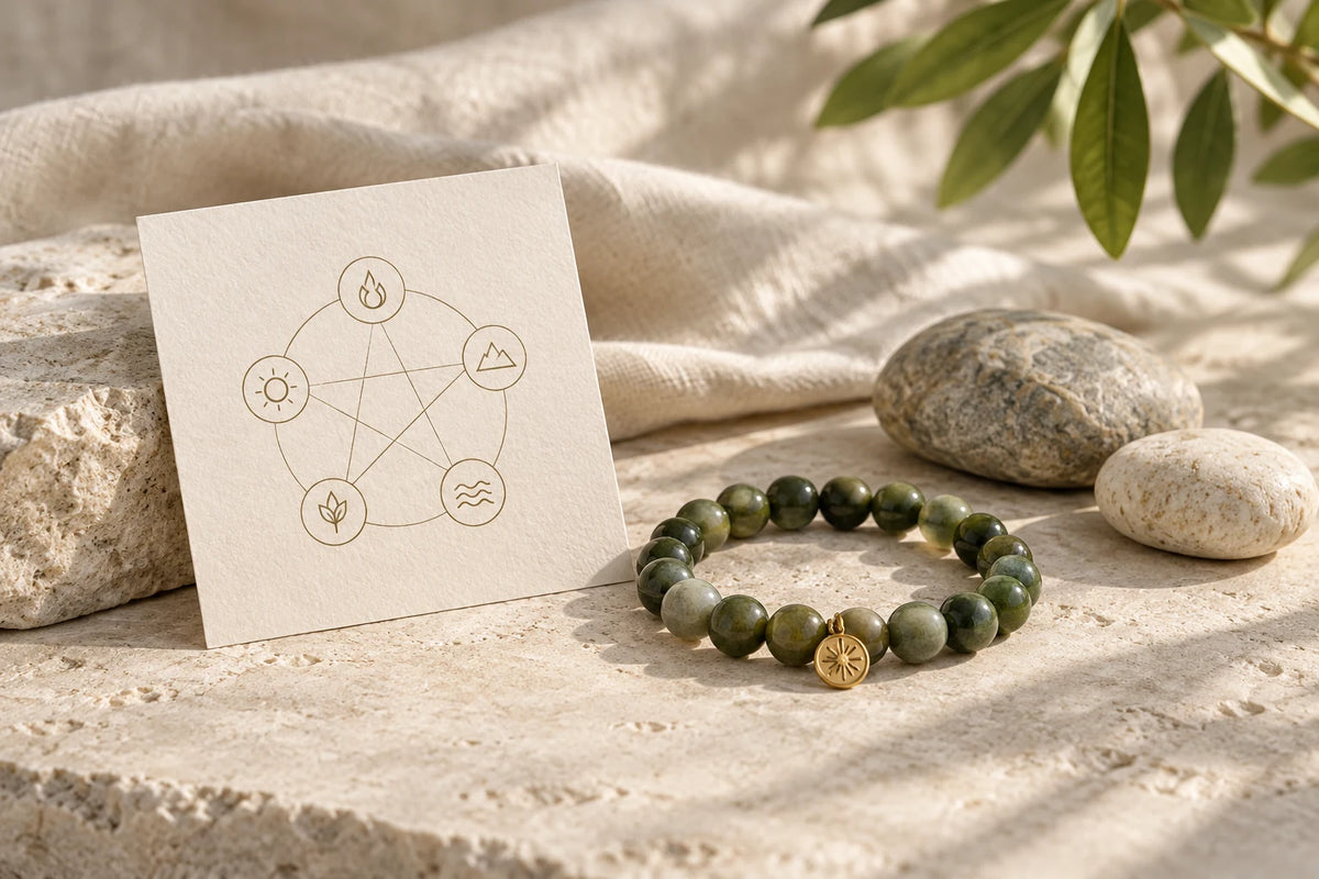 Five element card and green stone bracelet on pale limestone
