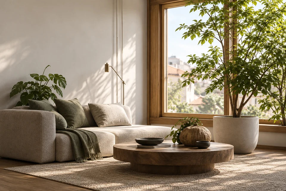 Sunlit living room with a sofa, wooden table and leafy plant