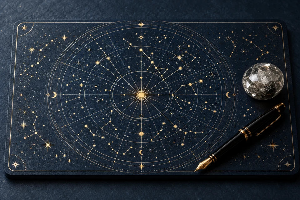 A complete golden celestial chart, crystal and fountain pen on a navy notebook